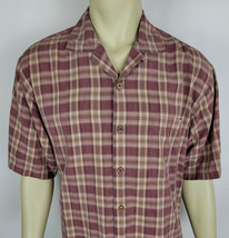 Tommy Bahama Camp shirt 100% Silk short sleeve Red Rust Brown Plaid Mens... - £10.10 GBP