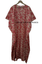 Leaf Print Red Women Maxi Cotton Long Kaftan Bathrobe Maternity Night Dress Gown - £24.77 GBP