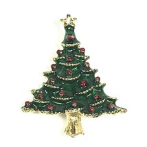 Christmas Tree Brooch Pin Green Red Enamel Ornaments Gold Tone Rhineston... - $14.00
