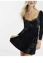 New Free People Small Kat Long Sleeve Velvet Mini Dress Black Faux Wrap - £27.45 GBP