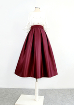 Burgundy Polka Dot Pleated Midi Skirt Women A-line Full Pleated Midi Party Skirt image 12