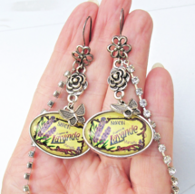 Vintage Lavender Soap Label Rhinestone &amp; Flower Long Dangle Artisan Earr... - $12.82
