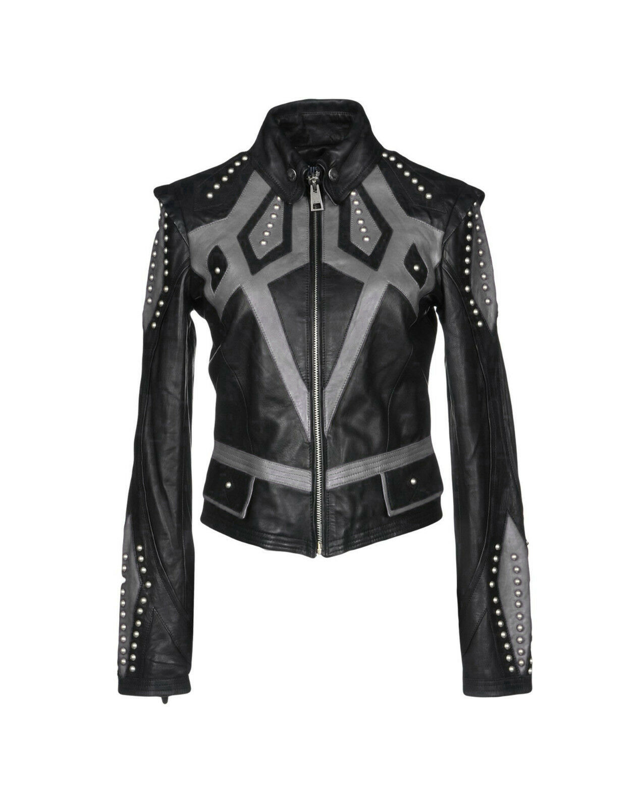 Women Burnished Two Tone Black Gray Cont Real Leather Silver Small Studs Jacket