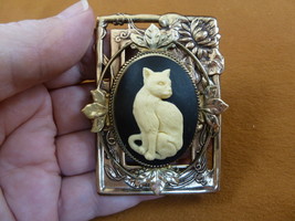 (cm185-6) sitting Cat kitty ivory color + black CAMEO brass Pin Pendant ... - $27.10