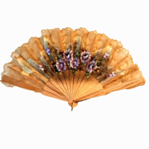 Vintage Painted Fan Purple Roses Lace Carved Wood 18&quot; Open Costume Prop - £30.26 GBP
