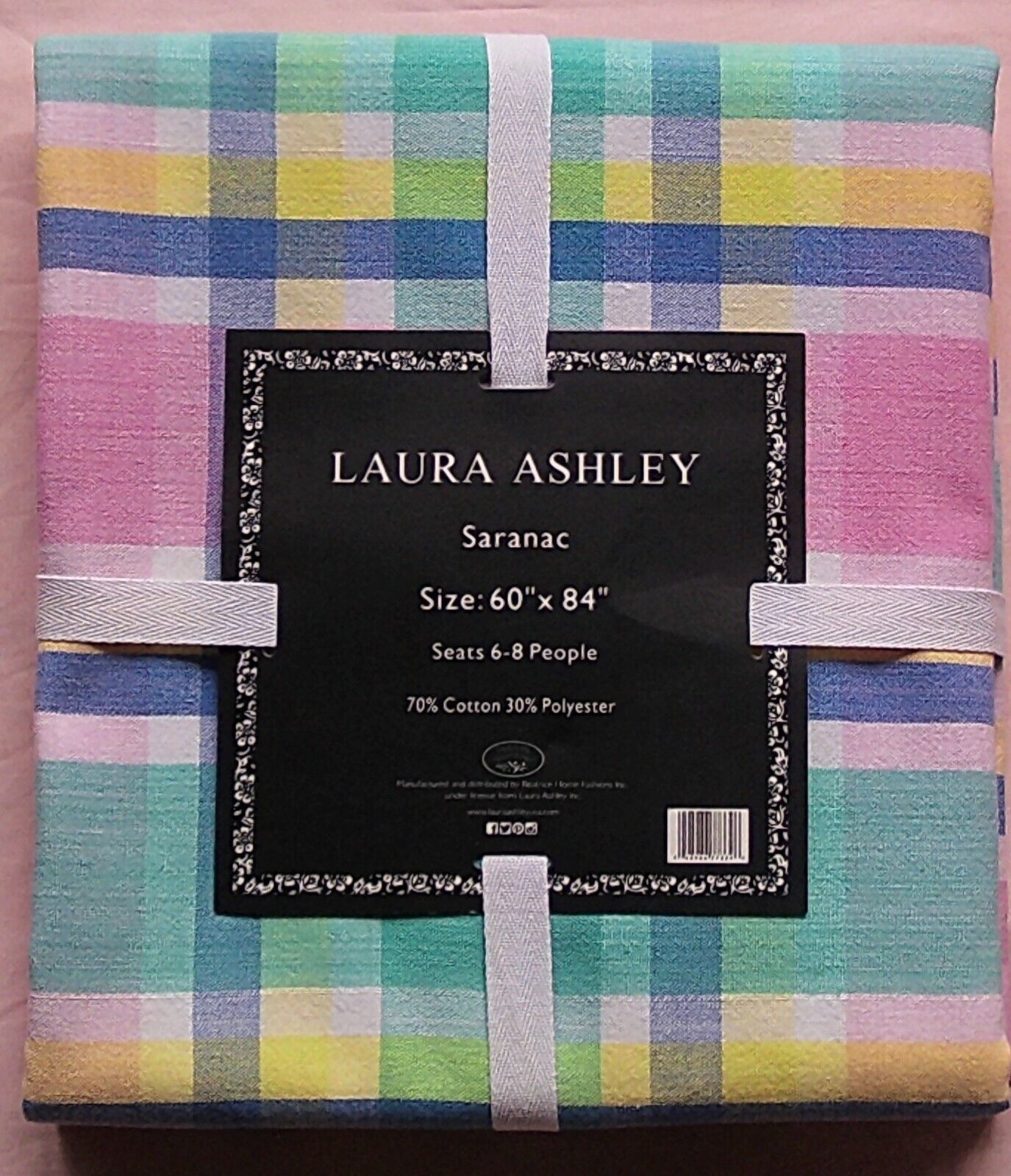 Primary image for NIP Laura Ashley Saranac Fabric Tablecloth 60 x 84 Plaid Summer Pastel Pink Blue