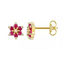 1.60CT Simulated Ruby &amp; Diamond Flower Stud Earrings 14K Yellow Gold Plated - £51.45 GBP
