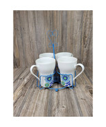 4 Retro Coffee Mugs &amp; Carrier, Blue Flower, Round Metal Cup Holder - $42.00