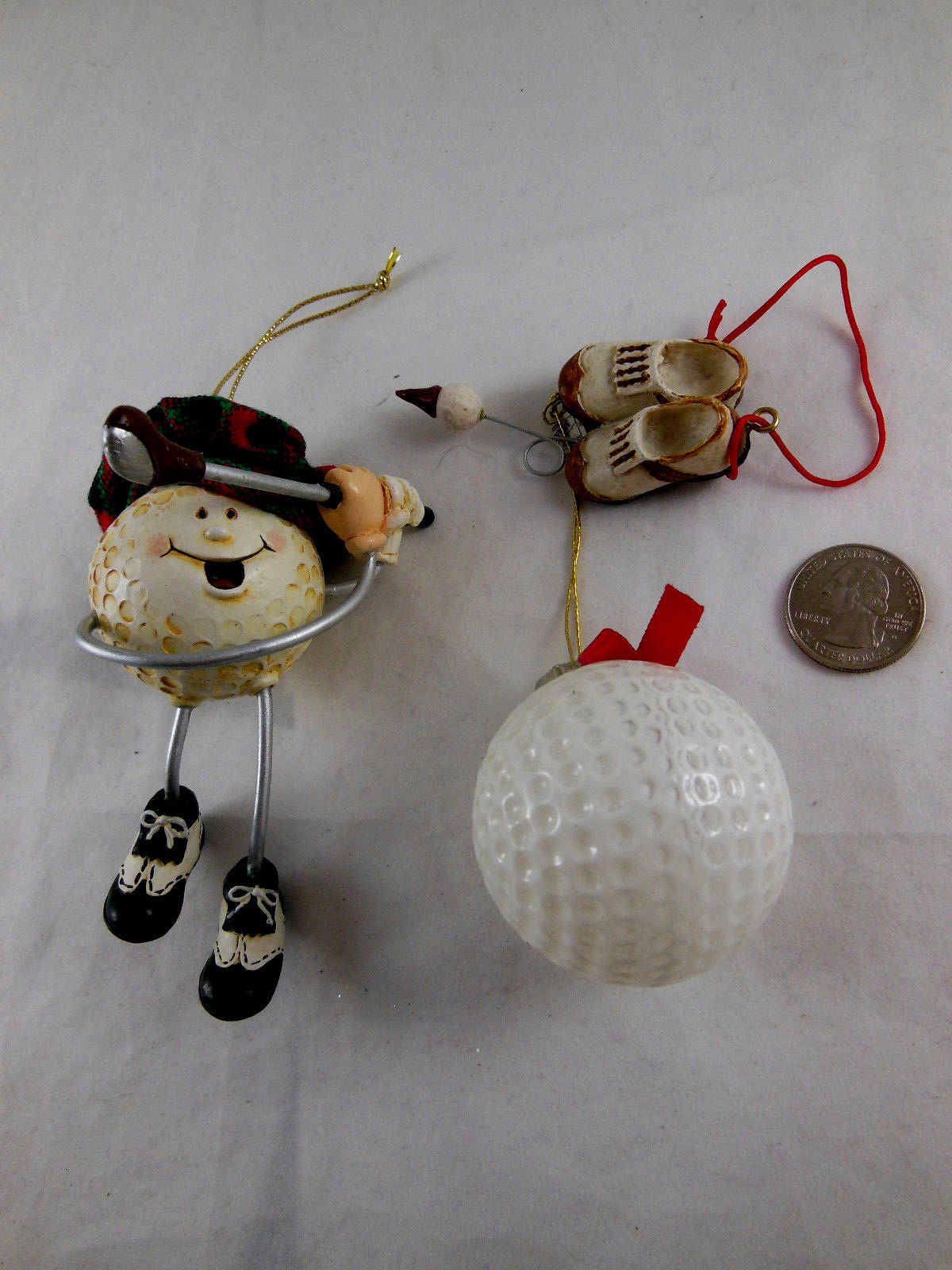 Primary image for Golf Ball Shoes with ball and catoony ball with hat Golfing Ornament Lot of 3