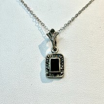 Sterling Silver 925 Onyx and Marcasite Rectangular Pendant Necklace 16” - $12.49 CAD