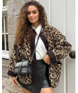 Leopard Print Chunky Fleece Cardigan for Women&#39;s, Pockets, Jacket Winter - £41.18 GBP