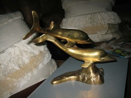 Vintage Brass Double Dolphins Statue Figurine 11 1/2&quot; Tall - £26.84 GBP