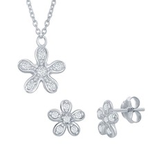 Sterling Silver CZ Flower Necklace &amp; Earrings Set - £52.01 GBP