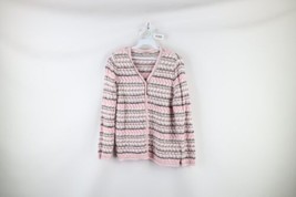 Vintage 90s Coogi Style Womens Medium Striped Knit Button Cardigan Sweater Pink - £35.16 GBP