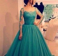 Customized Ball Gown Teal Blue Turquoise Prom Dress Long Sleeves Lace Applique S - £251.83 GBP