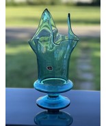 Bischoff Stretch Glass Vase Blue Pedestal Footed 12&quot; Handkerchief Vintag... - £43.99 GBP