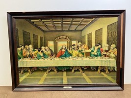 Vintage Framed Print LAST SUPPER wall art antique jesus religious decor LARGE - £52.59 GBP