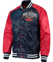 NBA New Orleans Pelicans Navy Blue Red Satin Letterman Baseball Varsity Jacket - £111.07 GBP