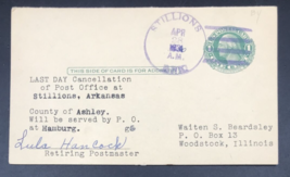 1936 Stillions Arkansas Post Office Last Day Cancellation Postal Card Postcard - £55.93 GBP