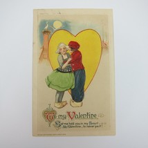 Postcard Valentine Dutch Boy &amp; Girl Yellow Heart Brick Fireplaces Antique 1913 - £7.82 GBP
