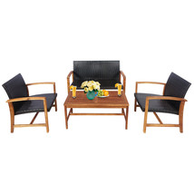 4Pcs Outdoor Patio Rattan Furniture Set Acacia Wood Frame Sofa Loveseat Garden - £409.58 GBP