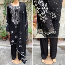 Pakistani Black Straight Style Embroidered Sequins Chiffon Dress,L - $101.28