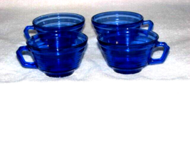 Hazel Atlas Cobalt Blue Glass Modern Tone Coffee Cup Set Ribbed Vintage - £15.54 GBP