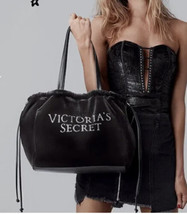 Victoria&#39;s Secret 2018 Black Luxe Velvet Tote Bag w/ Faux Leather Handles - £18.71 GBP