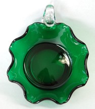 Dark Green Glass Nappy w Clear Loop Handle Ruffled Vintage Bowl - $8.50
