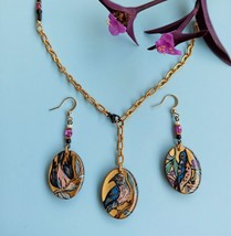 Painted Bird Pendant Minimalist-inspired Boho stripe necklace Miniature painting - £46.69 GBP