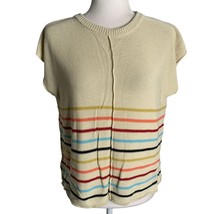 Knit Sleeveless Sweater Vest M Beige Rainbow Stripe Round Neck Pullover - £14.78 GBP