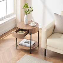 Idealhouse Nature Wood Color Round End Table, 2-Tier Side Table With Growth,  - £51.09 GBP