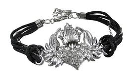 Zeckos Rhinestone Crowned Winged Heart Cord Bracelet - £6.05 GBP