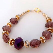 Custom Artisan Bracelet With Purple Glass Beads &amp; Rhinestone Rondelles C... - £7.89 GBP