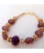 Custom artisan bracelet  with purple glass beads &amp; rhinestone rondelles ... - $10.00