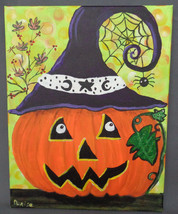 Halloween Friends Painting Jack O Lantern Pumpkin Spider Acrylic &amp; Canvas 11x14&quot; - £15.97 GBP