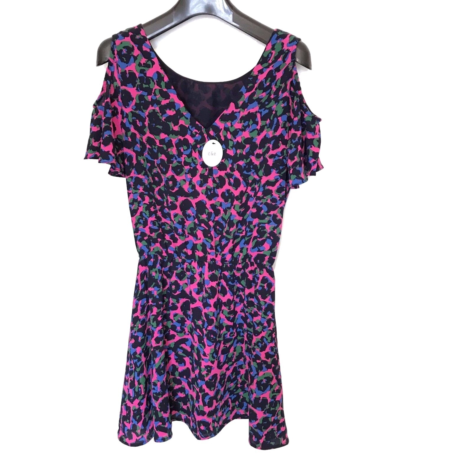 C&E Dress Womens XS Cold Shoulder Pink Green Blue Short Sleeve Boho Festival Item image 2