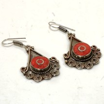 Red Coral Gemstone Handmade Bohemian Drop/Dangle Earrings Nepalese 2.20&quot; SA 3455 - £4.77 GBP