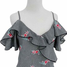 Gypsies &amp; Moondust Black White Gingham Floral Embroidered Cold Shoulder Top - $28.05