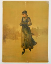 1900s French Art Print &quot;Patineuse&quot; Ice Skater Woman with Muff Pond Scene Antique - £15.41 GBP