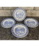 7 Churchill Currier &amp; Ives Blue 8” Salad Dessert Plates England Winter S... - £52.40 GBP