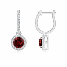 Lab-Grown Ruby Dangle Earrings with Diamond Halo in 14K Gold (Size-5mm, 1.17Ct) - £1,339.96 GBP