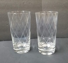 2 Lattice Drinking Glasses Vintage Clear Etched Criss Cross Diamond Weighted - £11.59 GBP