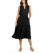 Lands&#39; End Womens Dress Black Midi Tiered V-Neck Sleeveless Pockets Elas... - $58.99 CAD