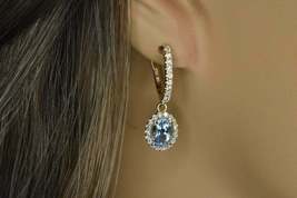 2.65Ct Aquamarine &amp; Halo Diamond Drop Dangle Earring 14k Yellow Gold Over - £87.63 GBP