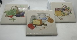 3 Vintage Ceramic Food Art Tiles Fruits Vegetables Country Kitchen Trivets - $28.70