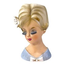 Vintage Enesco 4” Lady Head Vase Blue Dress Blonde Flower Hair Eyes Closed Mini - £206.85 GBP