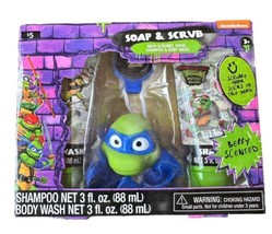 2023 Teenage Mutant Ninja Turtles Leonardo Soap &amp; Scrub 4pc Gift Set Berry Scent - £7.51 GBP