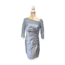 TS Couture Blue Embroidered Beaded Sheath Dress Size 10 Satin Pleated - £63.30 GBP