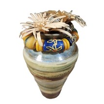 Studio Pottery Vase Signed Green Brown Raku Pot Beads Wooden Flowers 7.5&quot; - £35.04 GBP